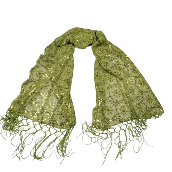 Green Sequin Evening Wedding Formal Scarf with Tassels - NEW - Picture 3 of 6